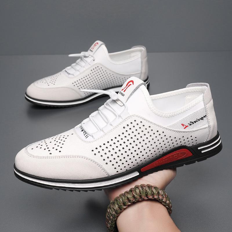Sports and leisure shoes hollow cool leather shoes men's Korean version soft sole inner height increase men's shoes trendy white shoes men