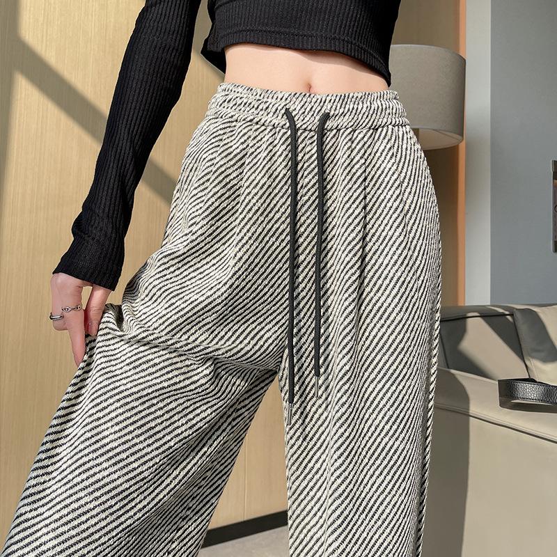 Dámské kalhoty s vysokým pasem a zvonovými nohavicemi, rovné nohavice, ležérní kalhoty, šedý pruhovaný tvíd, jarní móda