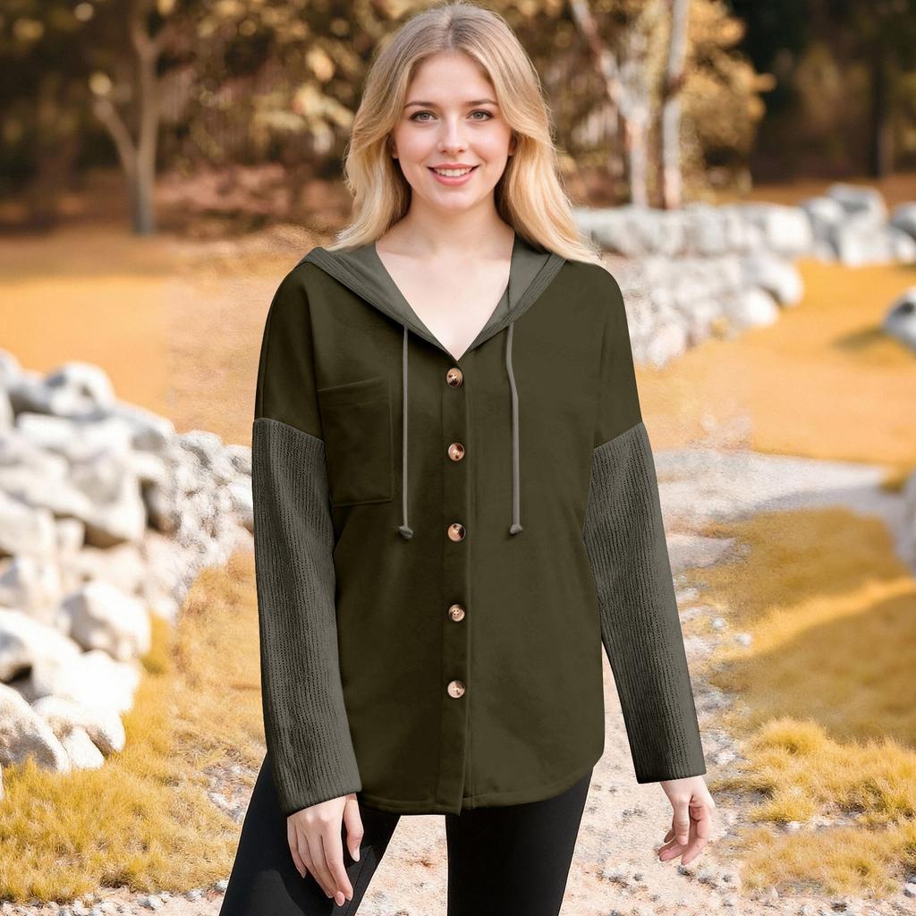 Women's Oversized Casual Long-Sleeve Button-Up Hoodie Knit Patchwork Hoodie With Pockets