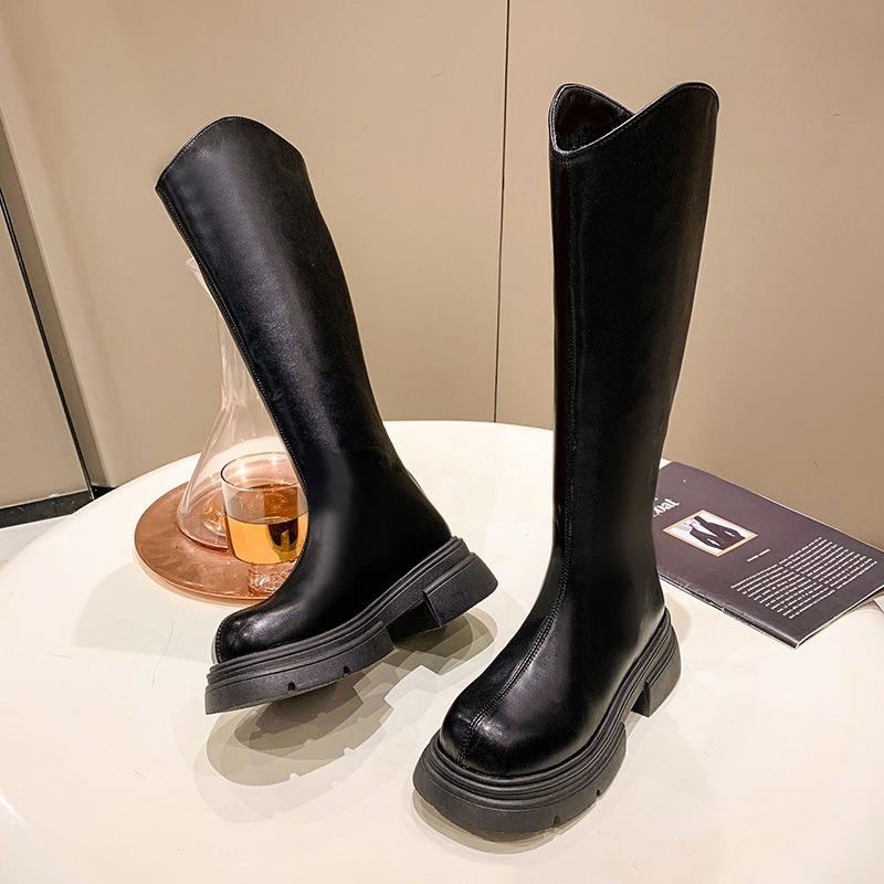 Schwarze Designer Plateau Ritterstiefel für Damen Herbst Winter Weichsohlige Damenschuhe Mode Erhöhen Koreanische Lange Stiefel Damen