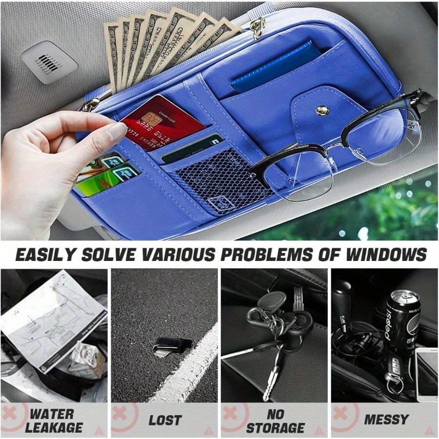 Car Sun Visor Organizer Multi-Pocket Storage For Sunglasses, Cards, Cash, License, Pen & Keys | Auto Interior Accessory With Zipper Net Pocket