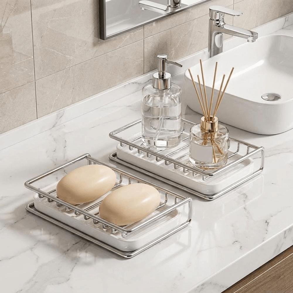 Rust-resistant Soap Rack with Drainage Tray Space Saving Soap Holder Sink Drain Rack  Bathroom