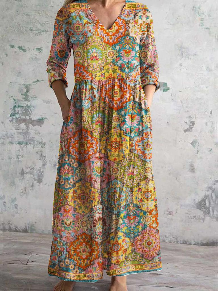 Damen Langarm V-Ausschnitt Maxi Kleid mit Streifenmuster, Knöchellanges Fließendes Kleid, Lässig Elegantes Kleid