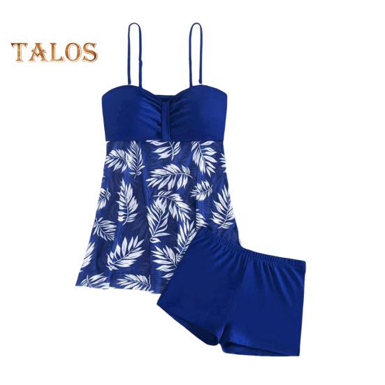 Conjunto de 2 piezas de tankini con tirantes ajustables, relleno, aros, bandeau, calzoncillos tipo bóxer, diseño de empalme de malla, ropa de baño para playa