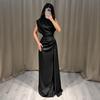 Satin Round Neck Pleated Waist-Cinching Elegant Evening Gown 2026