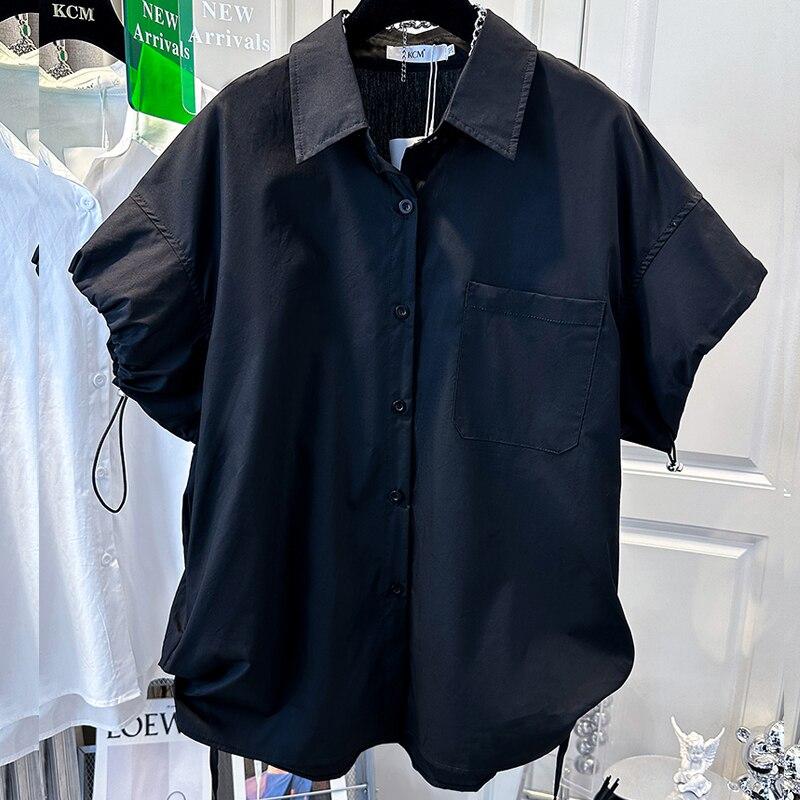 Fashion Turn Down Collar Single Breasted Shirt Puff Short Sleeve Casual Loose Lace-up Drawstring Tops White Summer Blouse 27514