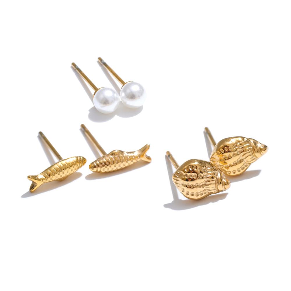Eetit Cute Mini Conch Fish Pearls Stud Earrings Set 16K Golden Platinum Plated Daily Wear Fashion Waterproof Jewelry Recommend