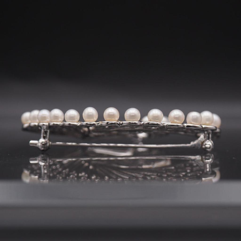 Used A223 Freshwater Pearl 3.5-4.3mm 18 Pearls SILVER Engraved Brooch Silver Filigree Filigree Crane Design Silver Corsage June Birthstone
