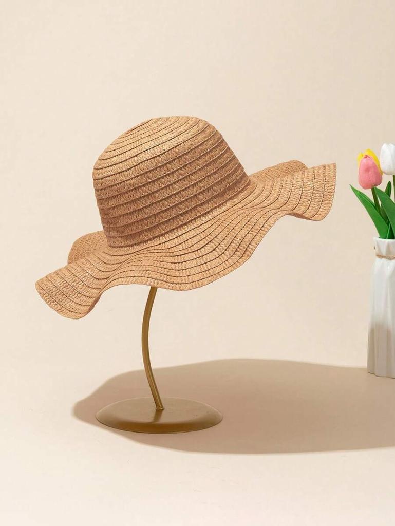Women Summer White Straw Sun Hat With Polka Dot Bow Beach Travel UV Protection