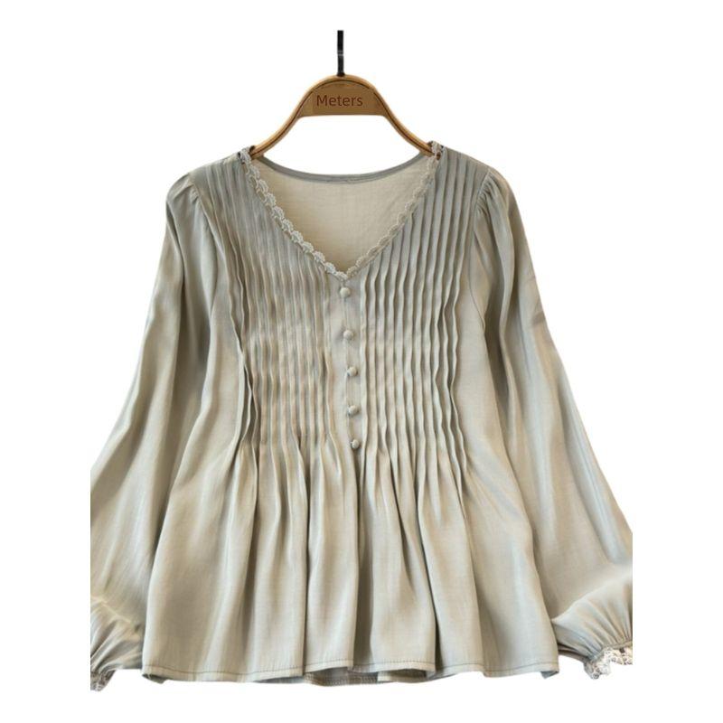 French Style Retro Pleated V Neck Puff Sleeve Shirt Female 2024 Autumn New Arrival Ruffles Slim Looking Belly-Covering Coat