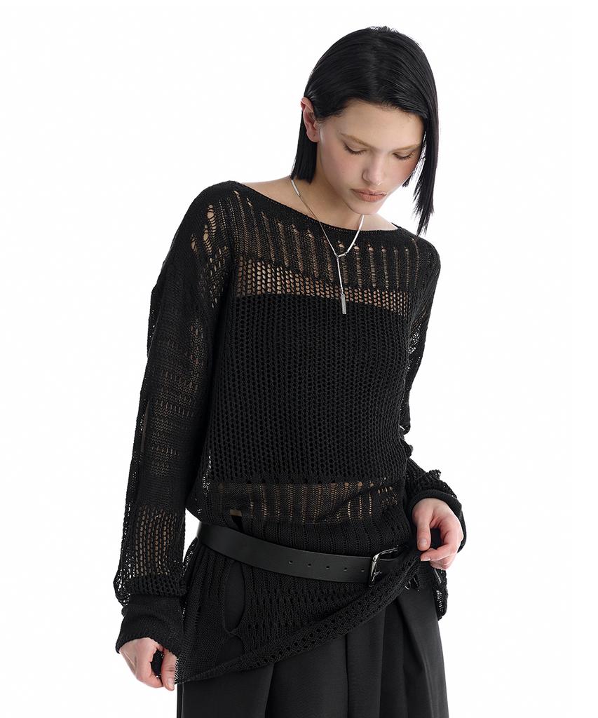 Teulimingbeodeu Cut-Out Mesh Knit Pullover [ Black ]