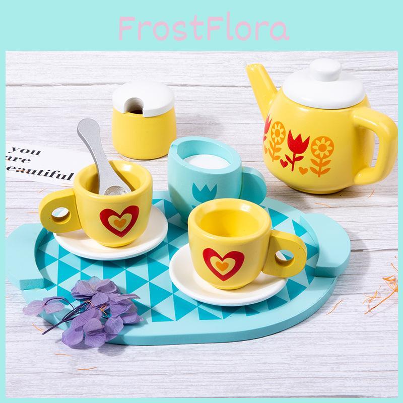 Shaped Wooden Heart Flower Checkered Pattern Afternoon Tea Set Toy Children