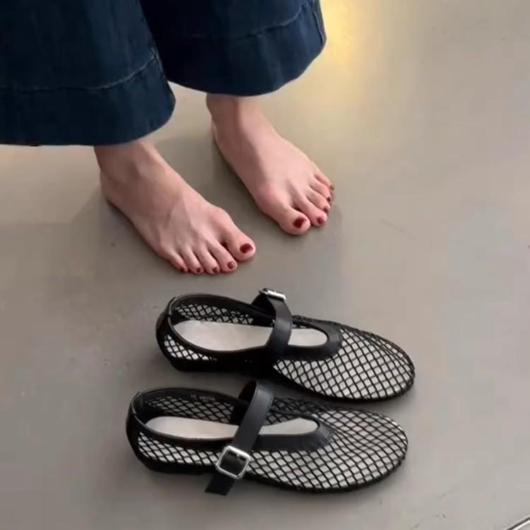 Sheepskin Version~ Korean Version of Niche Mesh Yarn Hollow Shallow Mouth Single Shoes Women's Summer One-word Belt Outside Wear Breathable Flat Sand