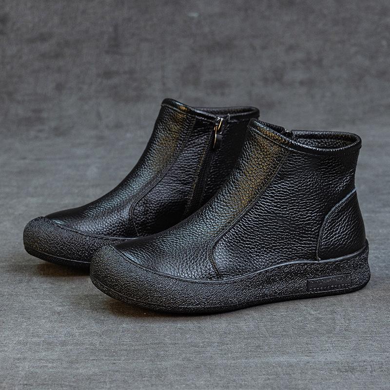 First layer cowhide high-top women's leather flat heel soft sole comfortable side zipper round head new short wool warm
