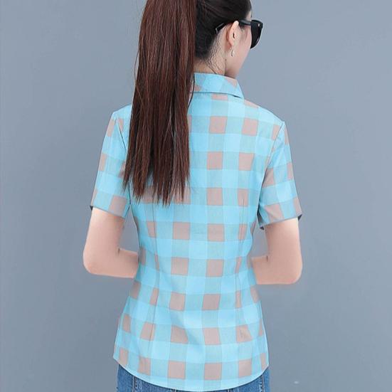 Women Shirt Flower Plaid Pattern Regular Style Shirt Buttons Placket Casual