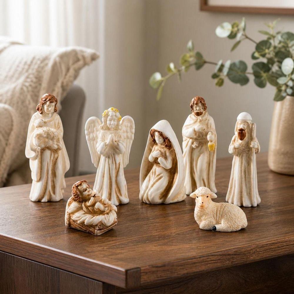7Pcs Miniature Nativity Scene Figurine Set Vintage Small Figurine Christmas Manger Resin Statues Resin Craft Collectible