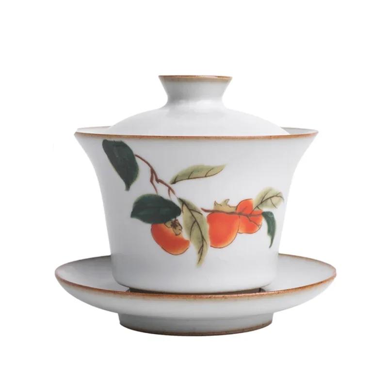 170ml Chinese Retro Ru Kiln Tea Tureen Teacup Handmade Flower and Bird Ceramic Tea Bowl Travel Portable Gaiwan Household Teaware
