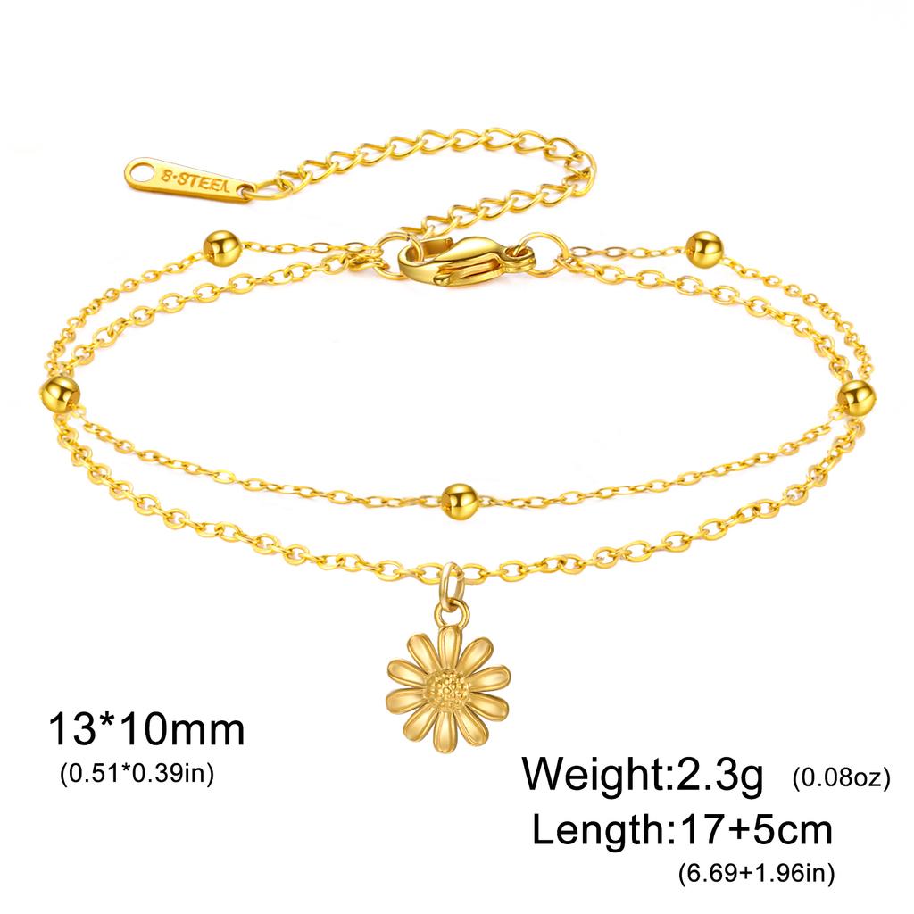 Teamer Bohemian Flower Charm Bracelet Stainless Steel Adjustable Double Layer Beads Chain For Women Fashion Sweet Jewelry Gift