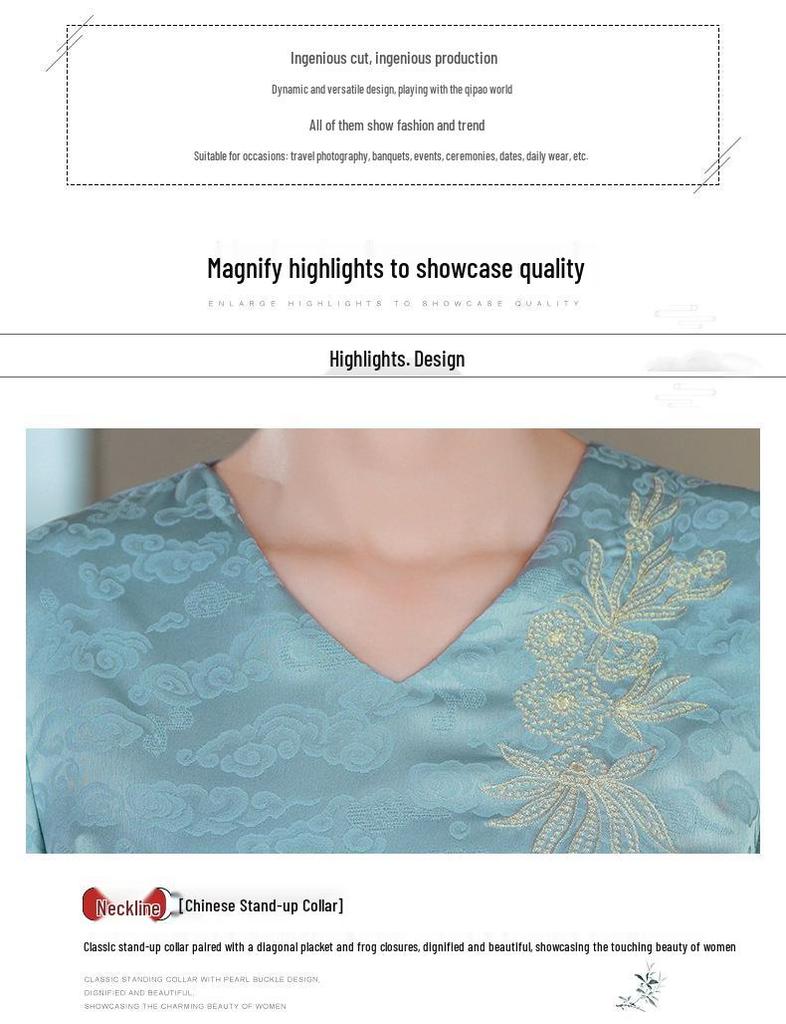 Blue Xi Po Po Chinese-Style Embroidered Wedding Outfit for Mother - Petite V-Neck Cheongsam Dress