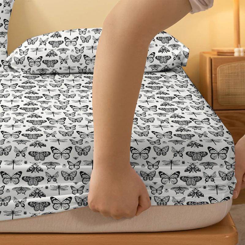 1 Simple Modern Butterfly Printed Matte Fitted Sheet, Bedroom Printed Bed Cover, Bedding (Excluding Pillowcases)