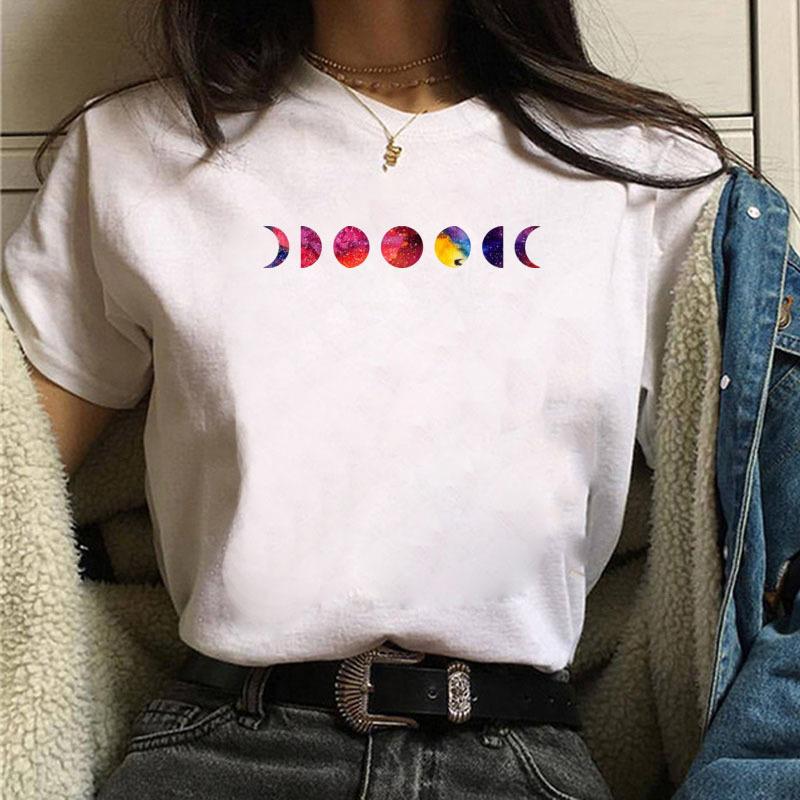 Summer Fashion Printed Moon Moon Eclipse Loose Half Sleeve Letter Cotton T-Shirts Women’s