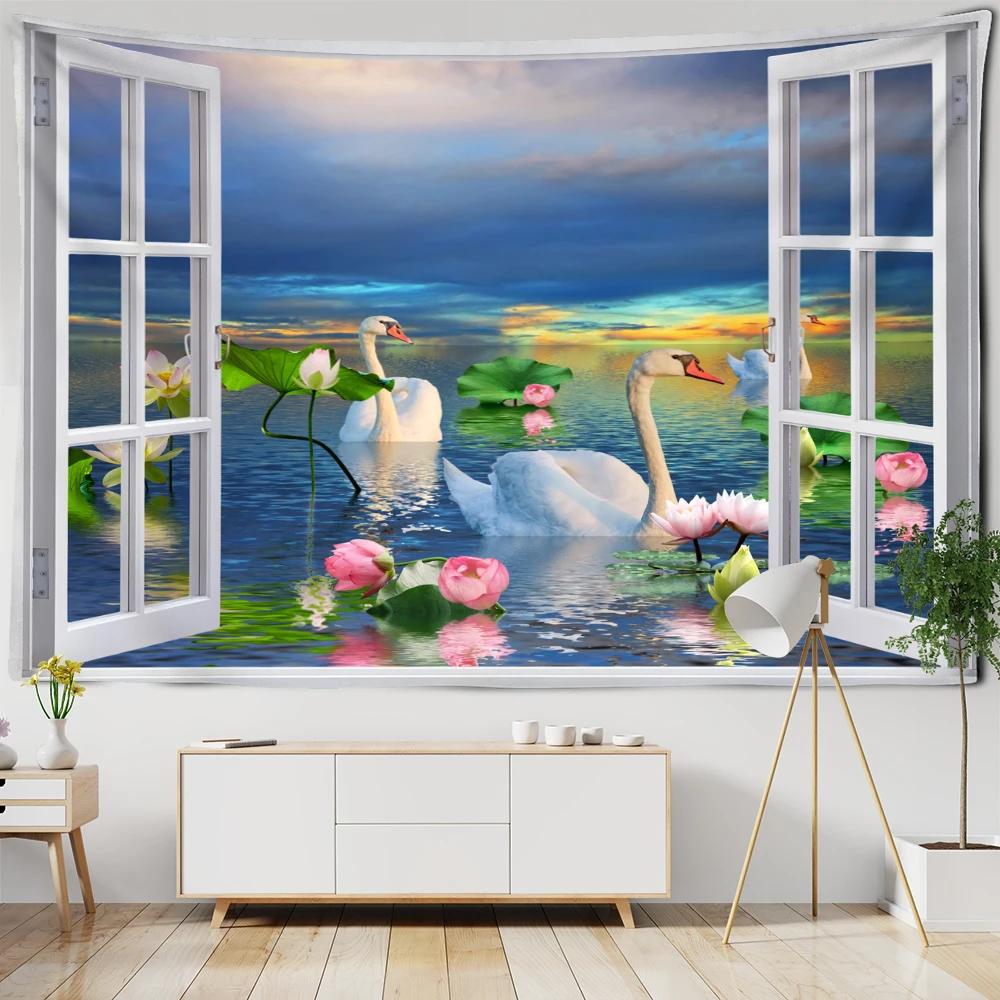

Imitation Window Tapestry Forest Landscape Painting Tapestry Wall Hanging Bohemian Style Psychedelic Mandala Home Decor Tapestry 74x94cm(29x37in)