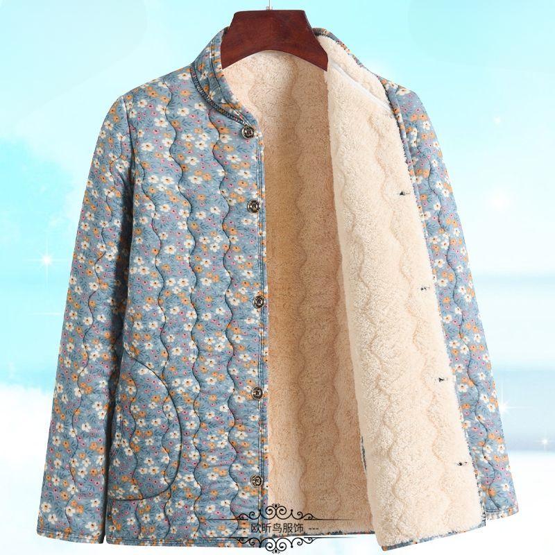 Women's Autumn Winter Lamb Wool Cotton Padded Coat for Mothers Warm Fleece-Lined Thickened Middle-Aged Women's Cotton Jacket Small Padded Outerwear