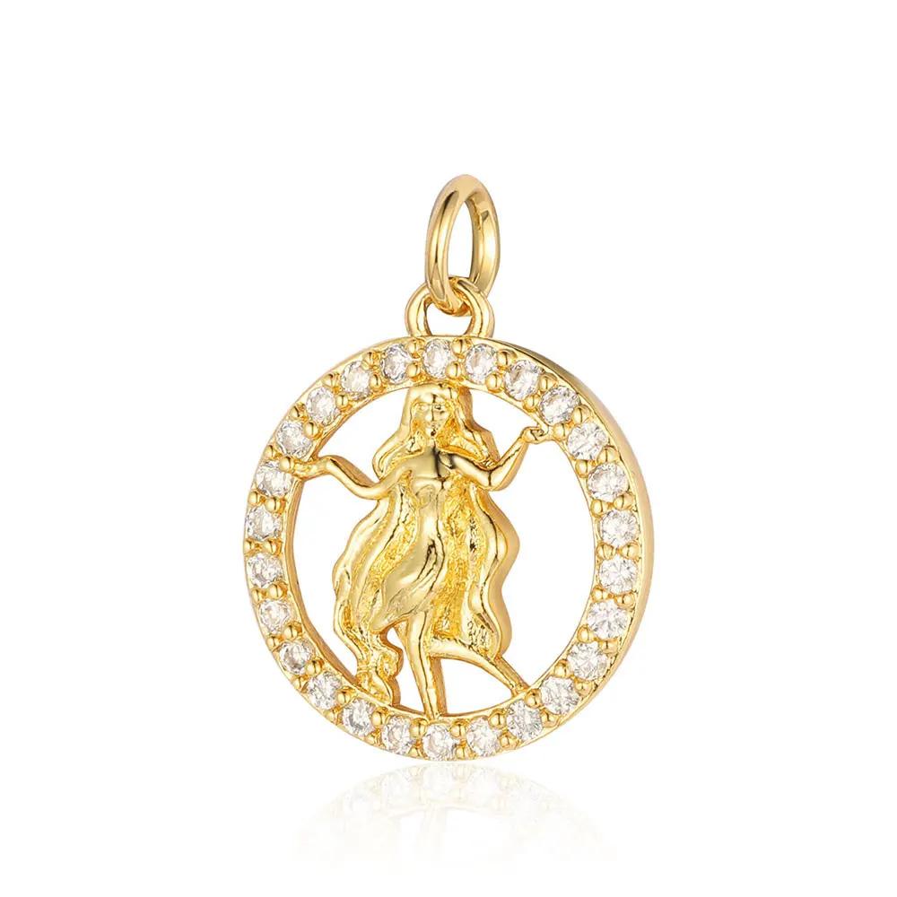 Zodiac Sign Copper Zricon Charm Round Constellation Capricorn Taurus Aries Pendant for Bracelet Necklace Making