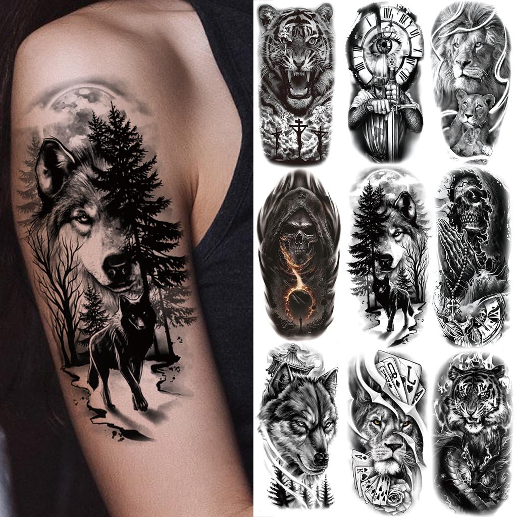 1 Sheet Wolf Lion Tiger Fake Temporary Tattoos For Man Women Adults Skull Black Warrior Tattoo Sticker Animals Sleeve