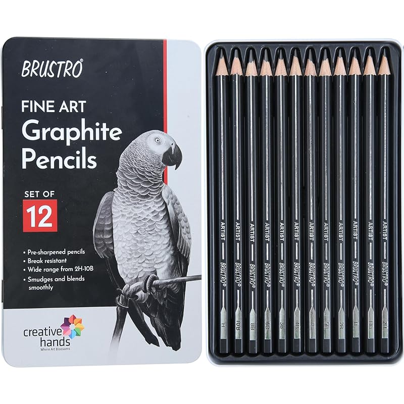Brustro Artists Fineart Graphite Pencil Set Of 12 (10B-2H) With Elegant Tin Box