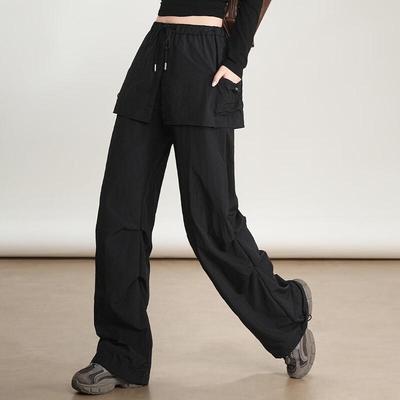 Bailuyu Women's 2025 Autumn Faux Two-Piece Elastic Waist Straight Leg Cargo Pants
