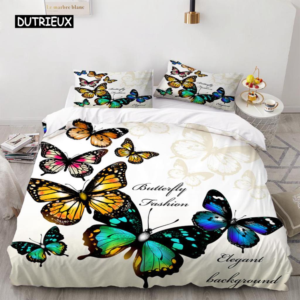 Butterfly Duvet Cover Set 3D Galaxy Purple Butterfly Floral Printed Bedding Set Fantasy Theme King Size Comforter Cover for Girl