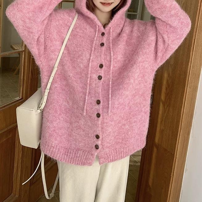 Autumn and Winter Cardigan Jacket Loose Solid Color Hooded Knit Sweater Top for Women