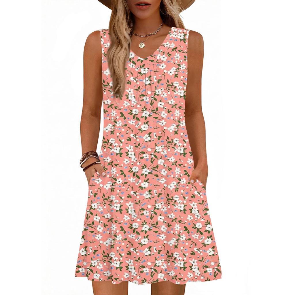 Damenmode Bedrucktes Sommer Ärmelloses V-Ausschnitt Tanktop Tasche Lässiges Lockeres Kleid