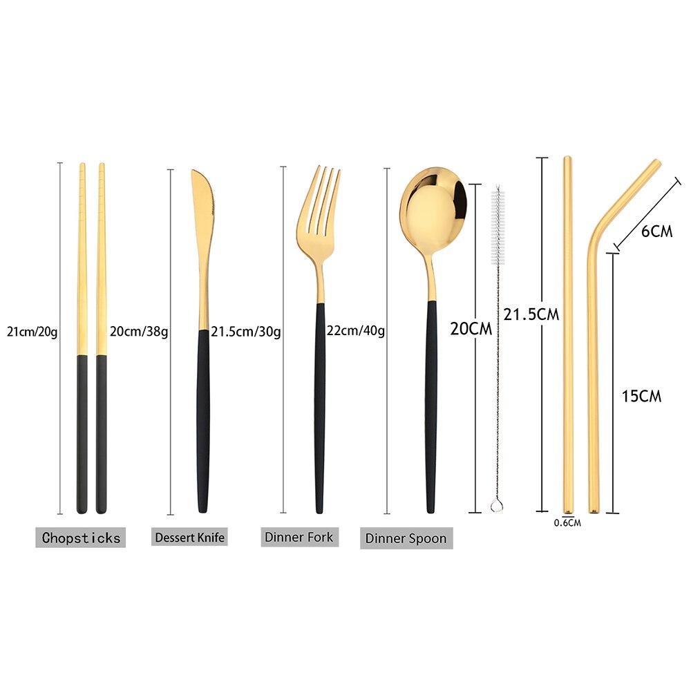 8Pcs/Set Portable Stainless Steel Dinnerware Set Travel Camping Spoon Fork Knife Chopsticks Straws Brush Tableware Flatware Set with Storage Bag