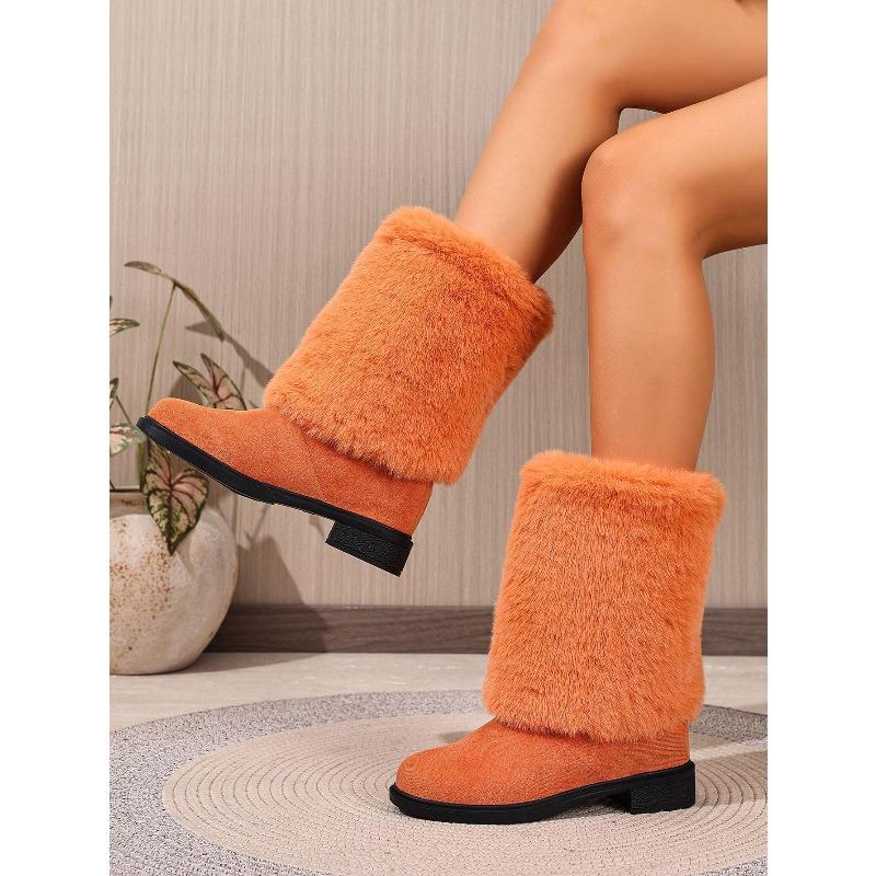 Women's Furry Patchwork Chunky-Heel Round-Toe Western Cowboy High Boots, European Style, Available In Large Sizes.