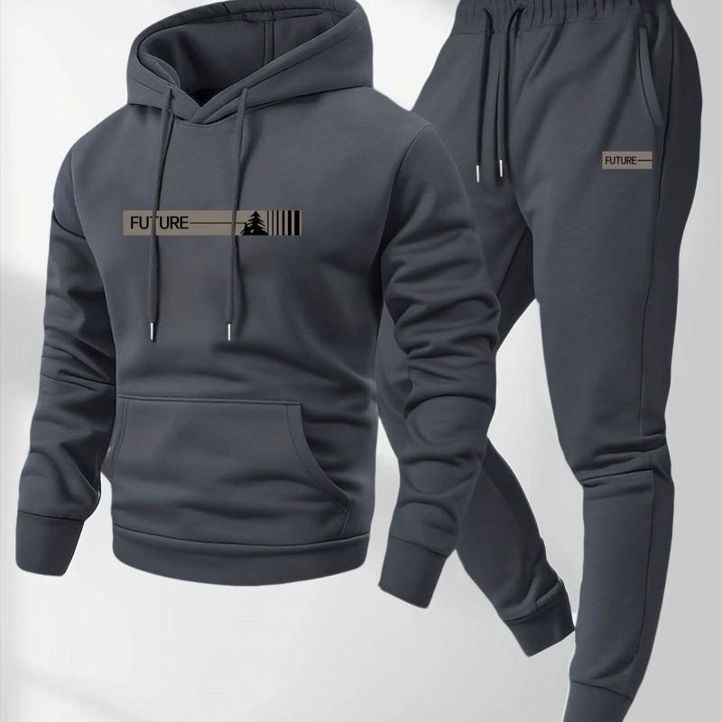 Conjunto deportivo de 2 piezas para hombre: Sudadera con capucha y cremallera Pantalones de chándal Forro polar cálido Ajuste holgado Casual para correr