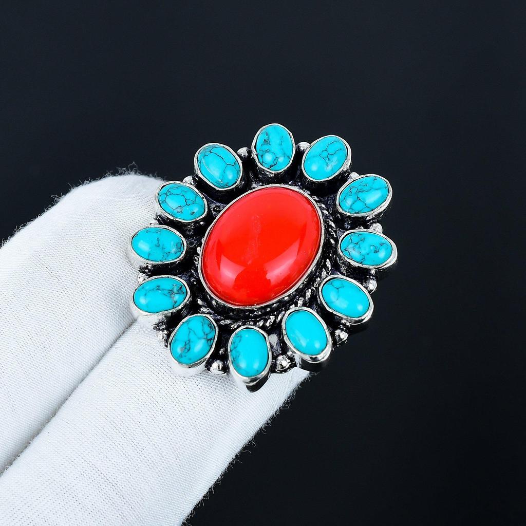 Turkis, Rød Korall Edelstensring, 925 Sterlingsølvring, Gave til henne, Oval Stein, Elegant Håndlaget Ring, Turkis Blomst Sølvring Gave