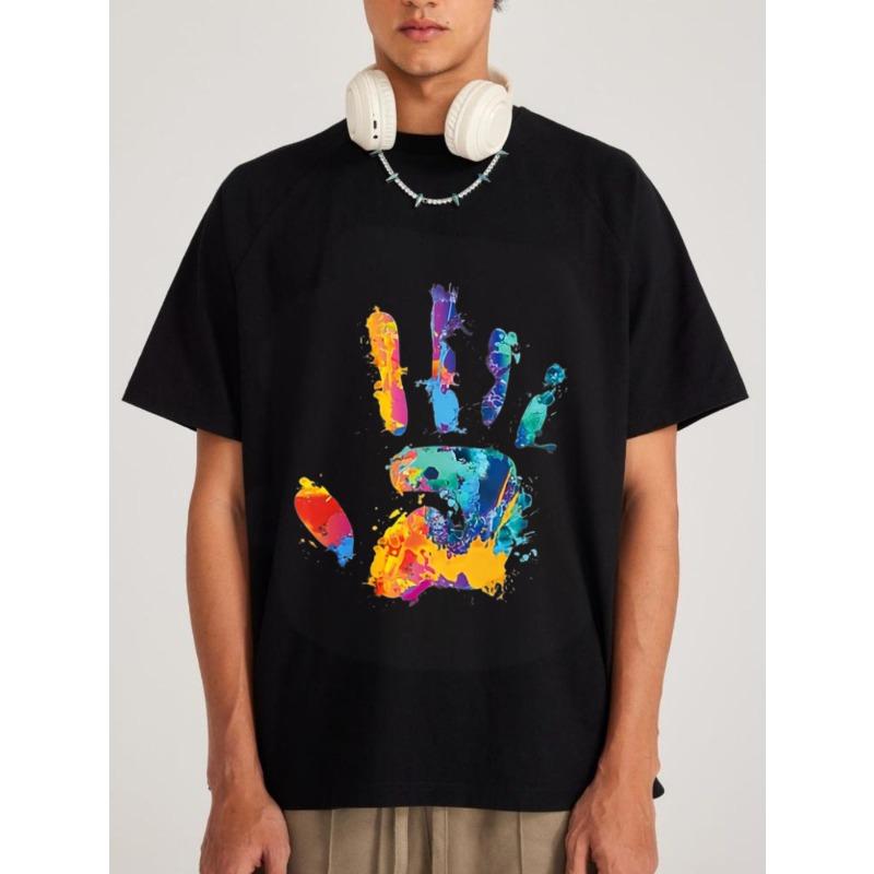 Black T Shirt Colorful Handprint Design Streetwear Fashion Casual Wear