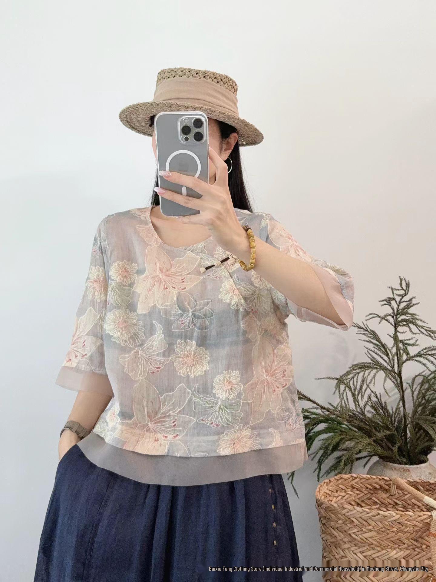 

Женская ретро льняная вышитая рубашка с пуговицами-лягушками, короткий рукав, приталенная One Size