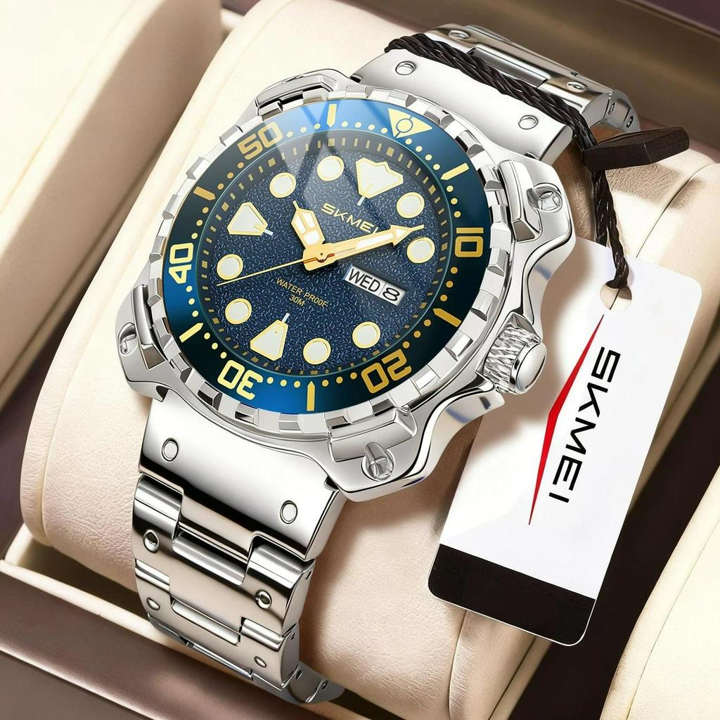 Skmei Men Watch Outdoor Sports Quartz Watches Mens Stainless Steel Waterproof Luminous Wristwatch Male Week Date Display Clock
