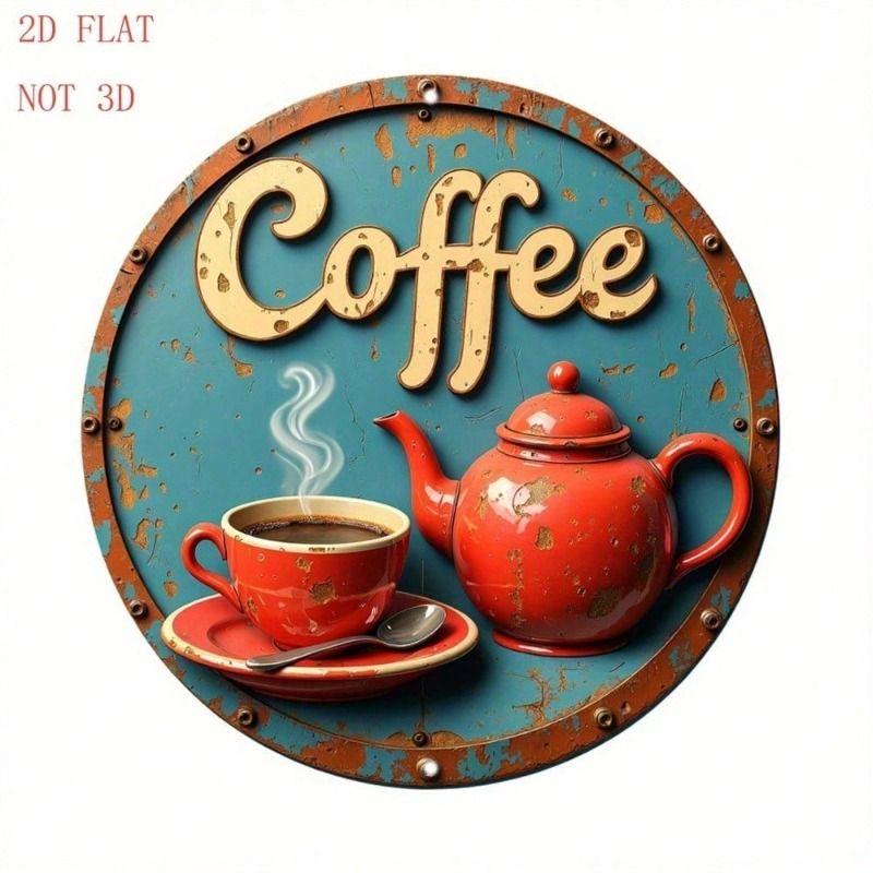 Vintage Kettle and Mug Metal Poster 8 Inch Round Aluminum Wall Art for Kitchen Cafe Bar Decor