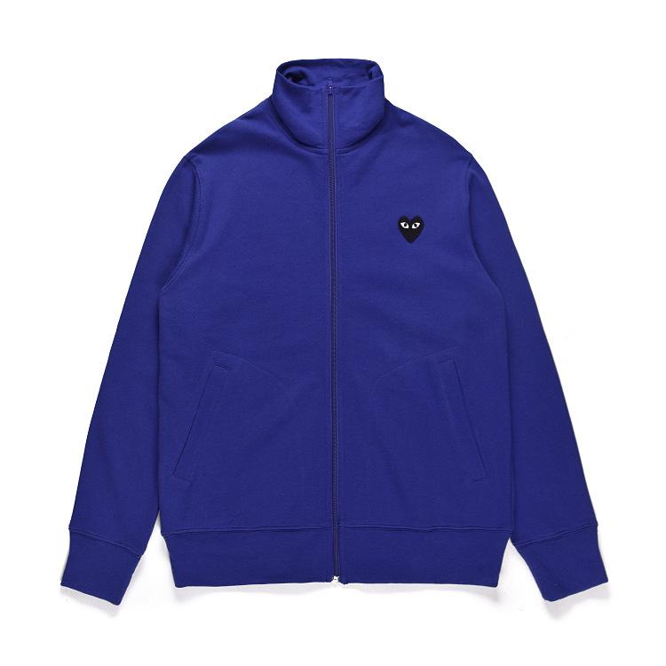 HEYPLAY Unisex Trendige Blaue Reißverschlussjacke mit Rotes Herz & Großem Schwarzen Herz auf dem Rücken, Kapuzenpullover mit Stehkragen.