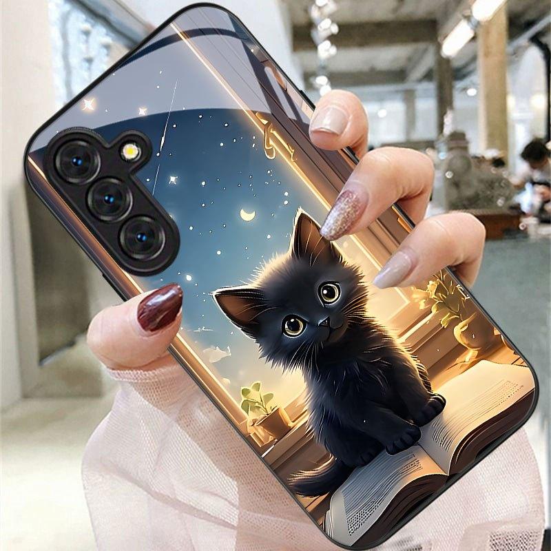 Schwarzes Katzenmuster Glas Handyhülle geeignet für Samsung Galaxy S26 S25 S24 S23 S22 S20 FE/Ultra/Plus staubdicht und stoßfest