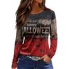 Women's Round Neck Long Sleeve Top with Halloween Print and Side Slit for Fall Festive Occasions