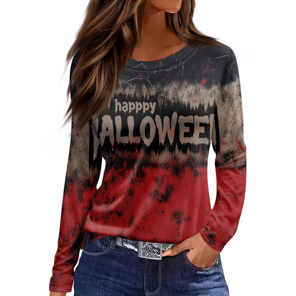 Women's Round Neck Long Sleeve Top with Halloween Print and Side Slit for Fall Festive Occasions