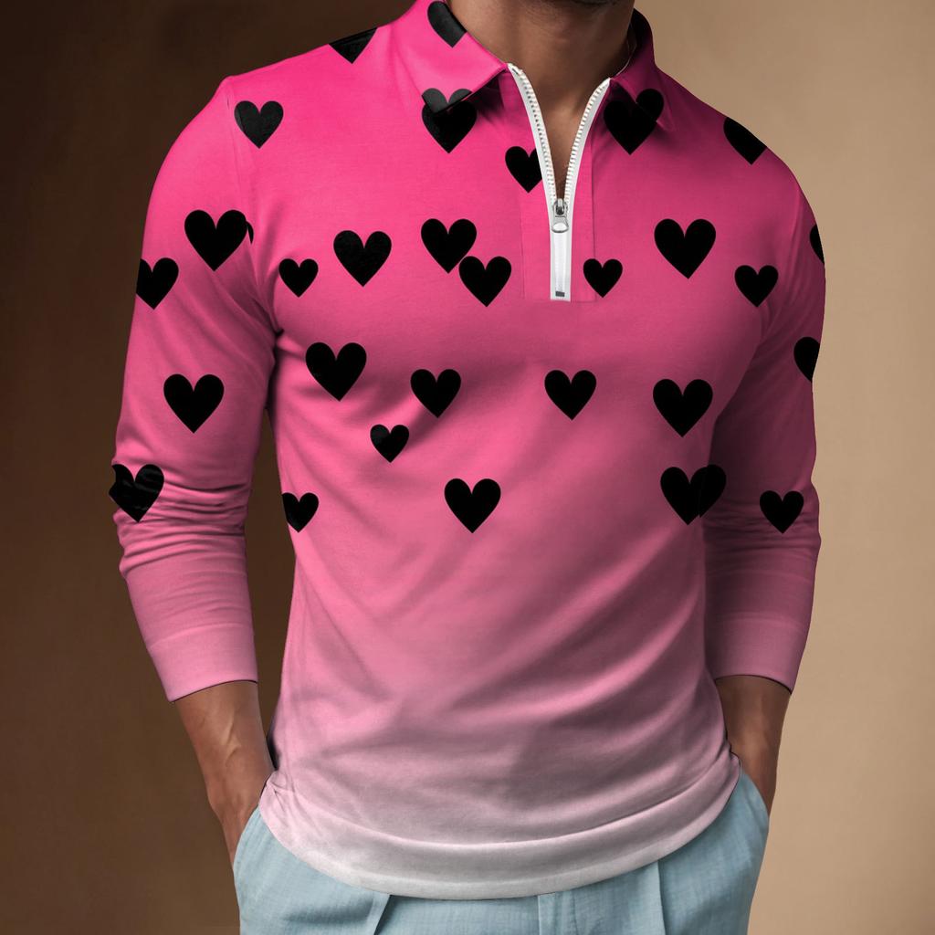 Trendy long-sleeve zip polo shirt with sparkling heart print, stylish casual men's top.