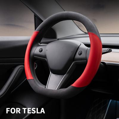 For Tesla Model 3/Model Y Steering Wheel Cover Suede Leather Steering Wheel Non-slip Breathable Car