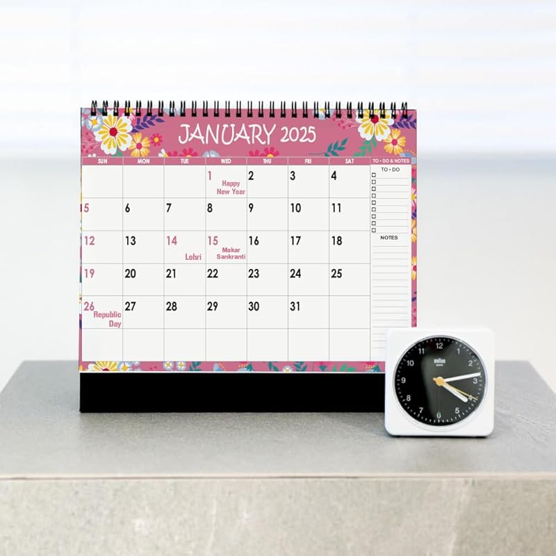 AccuPrints L 2025 L Floral Desk Calendar L 12 Months L Includes Note and To.Do. Section L 250 GSM L Planning, Tracking &