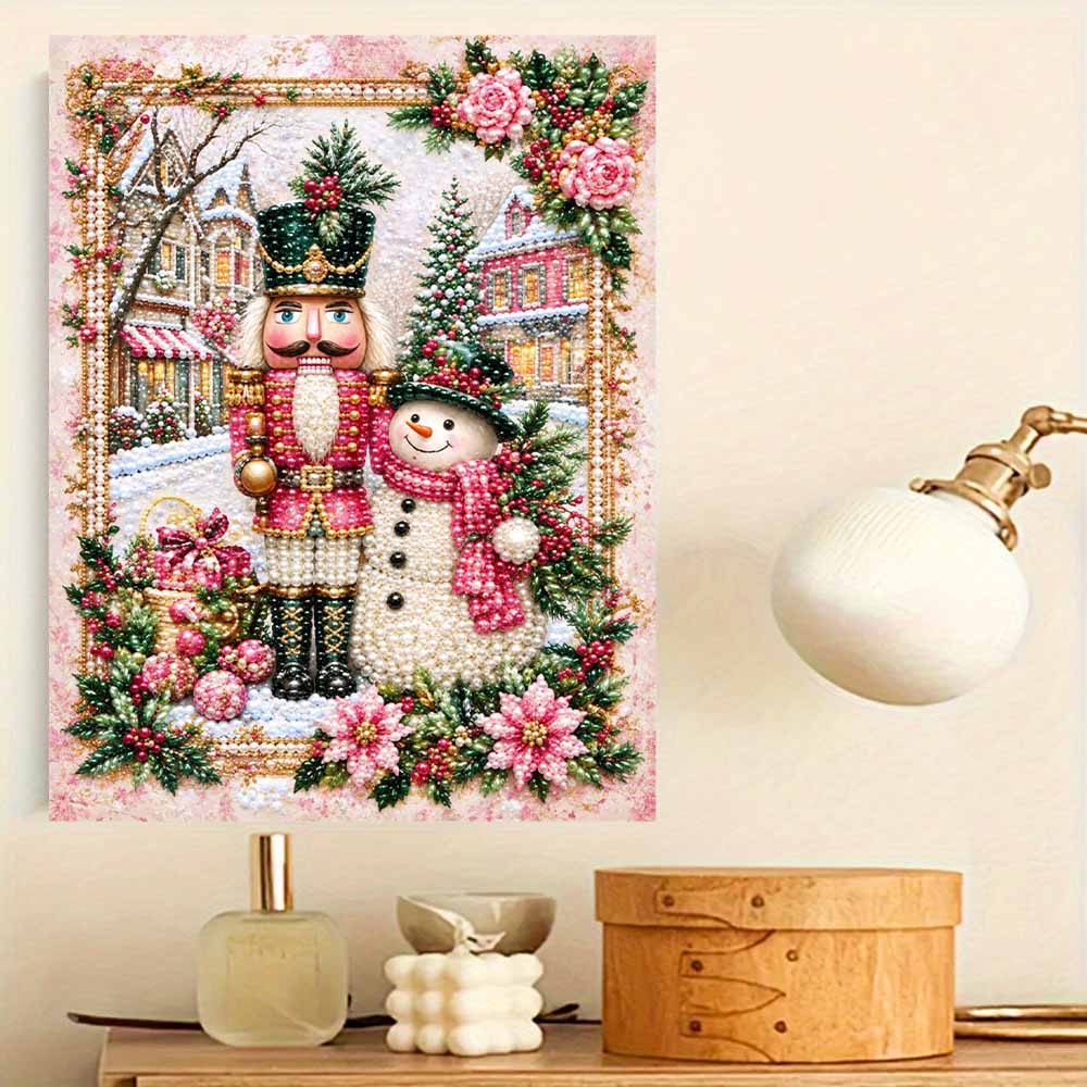 Nutcracker and Snowman Christmas Pearl Painting with Frame 3D Sparkling Canvas Art Relaxing Craft for Bedroom Wall Decor Gift and Holiday Decor